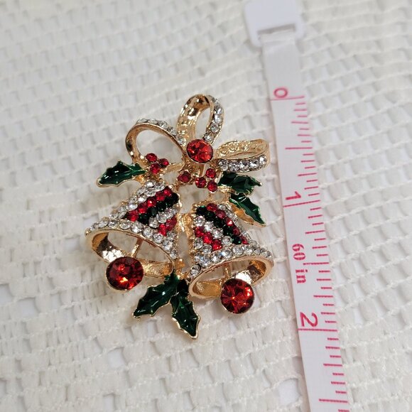 Christmas Bells Brooch Mistletoe Goldtone Red Green Rhinestones 2 Inch High - Picture 4 of 7